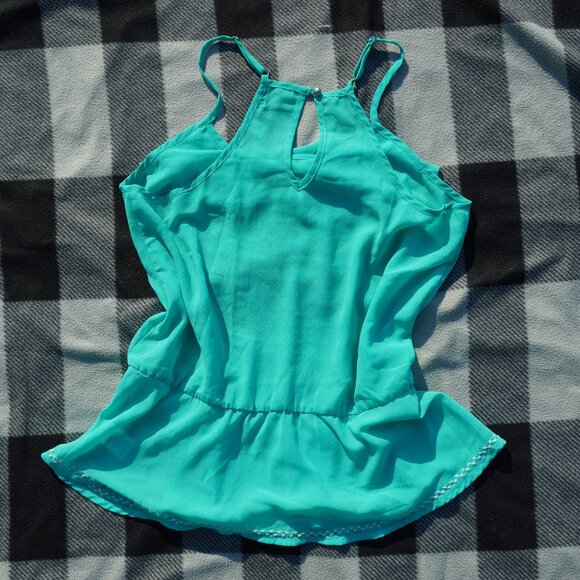 Green Flower Embroidery Ruffle Peplum Racerback Papaya Top - Picture 2 of 5